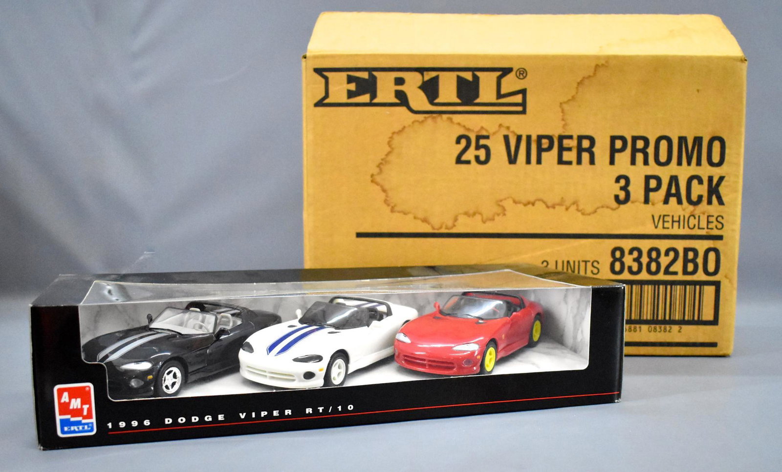 Three AMT Ertl 1996 Dodge Viper RT/10 three car sets in: Three AMT Ertl 1996 Dodge Viper RT/10 three car sets in shipping carton. Each set has a black, white and red convertible as seen in the photos. There are three sets in mint condition with excellent to