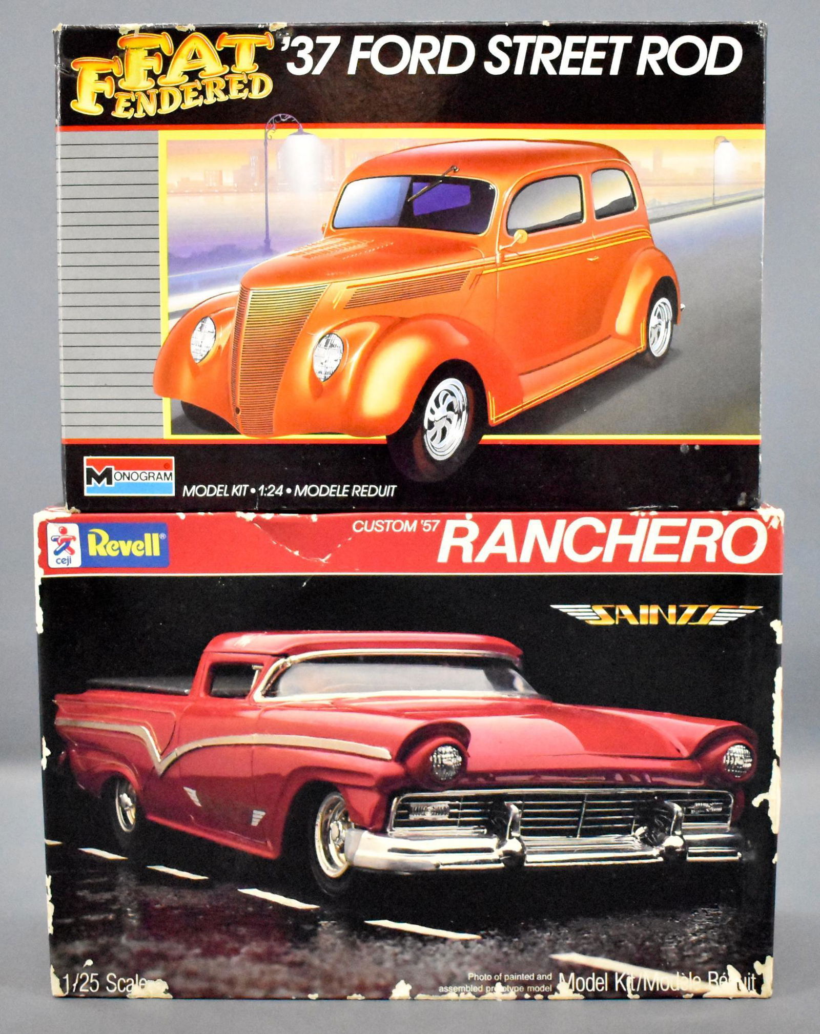 Two Ford street rod classic model car kits in original: Two Ford street rod classic model car kits in original boxes to include Monogram 1/24 '37 street rod and Revell 1/25 custom '57 Ranchero. Both are opened with complete parts and original instruction s