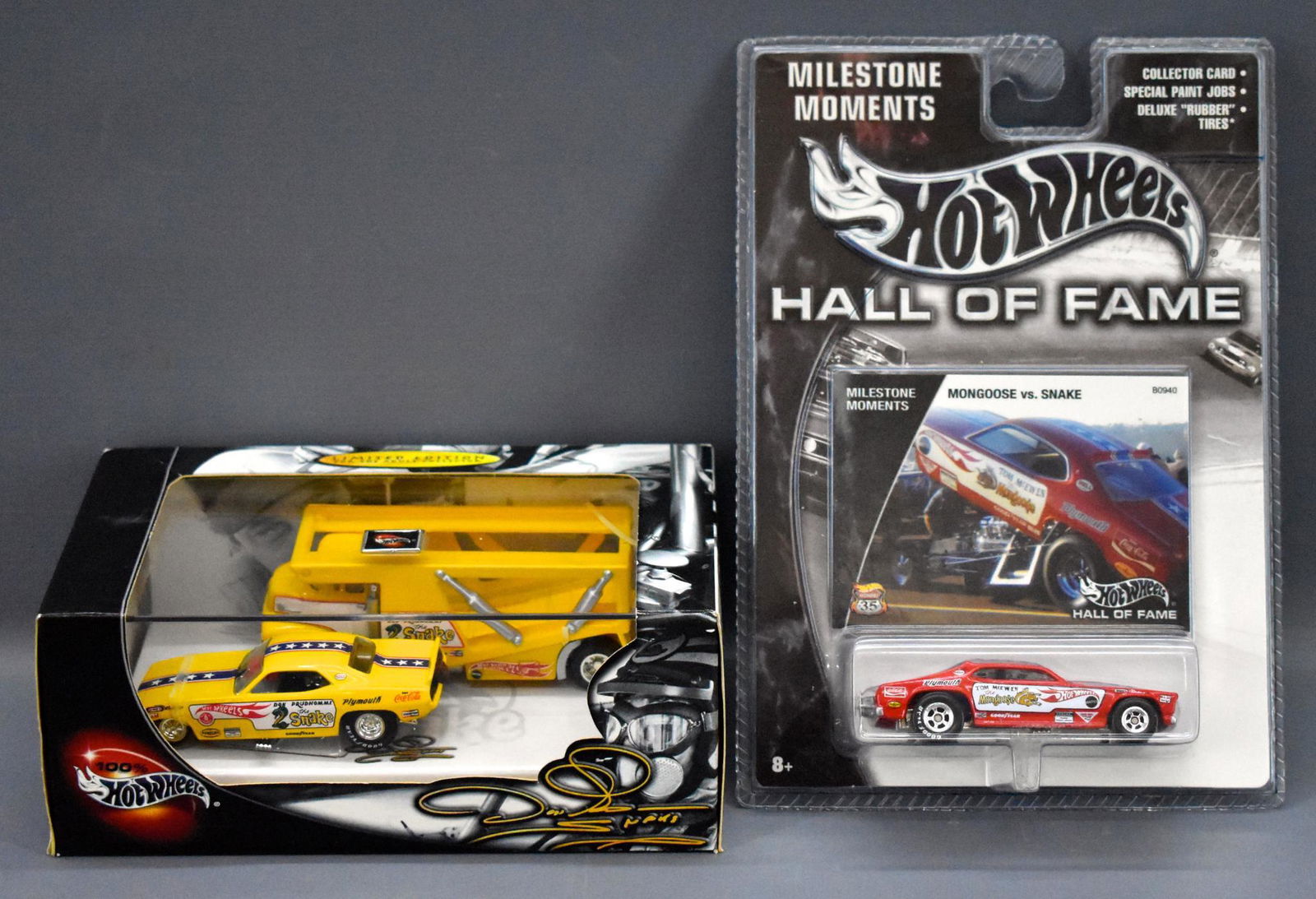 Hot Wheels Milestone Moments Mongoose plus Snake drag: Hot Wheels 2002 Milestone Moments Mongoose on sealed card plus Limited Edition Snake drag team in original box.