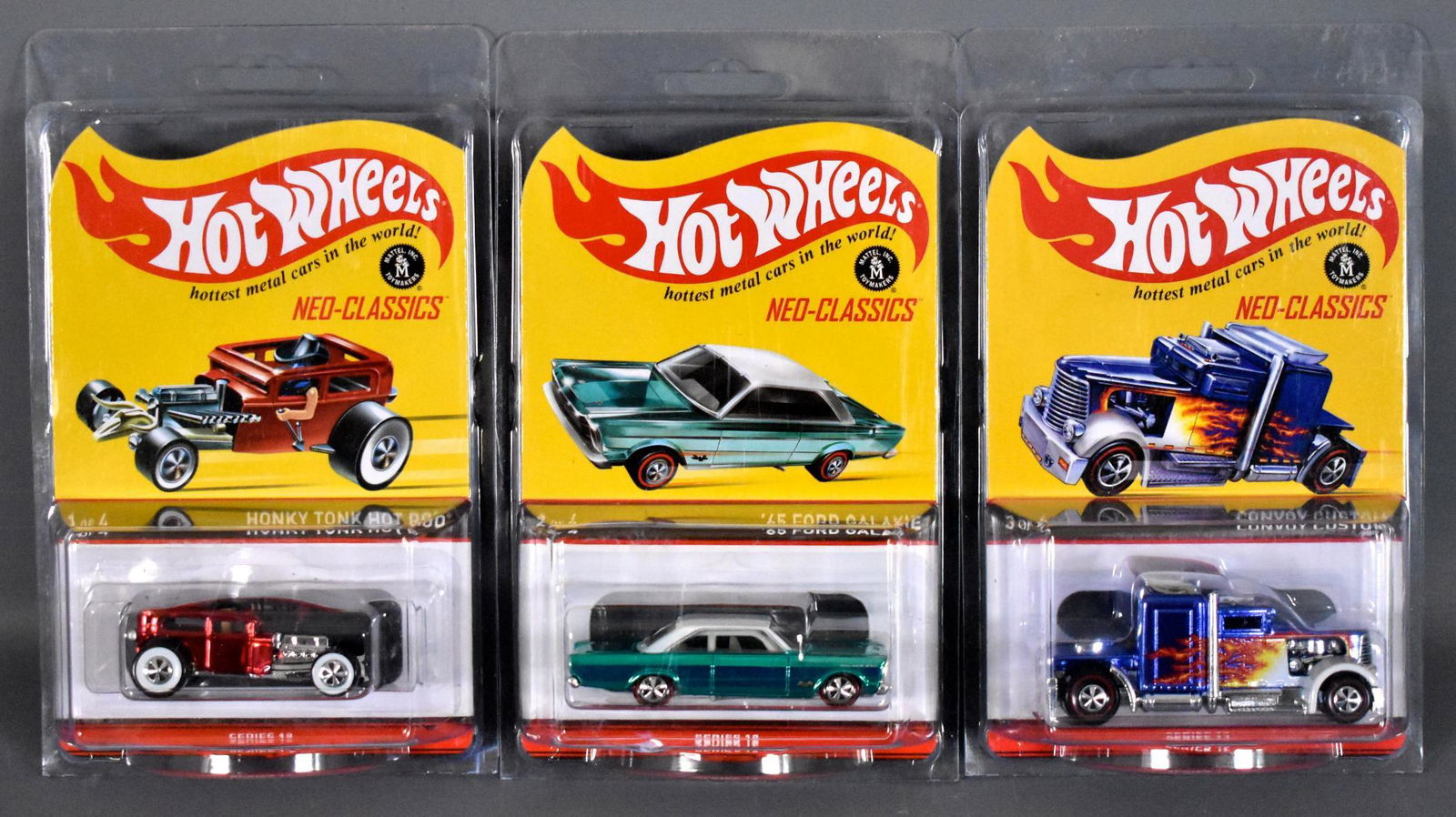 Hot Wheels Redline Club Neo-Classics series 12 three of: Hot Wheels Redline Club Neo-Classics series 12 three of four cars, just missing #4 of 4, all mint in sealed blister cards with protecto packs.