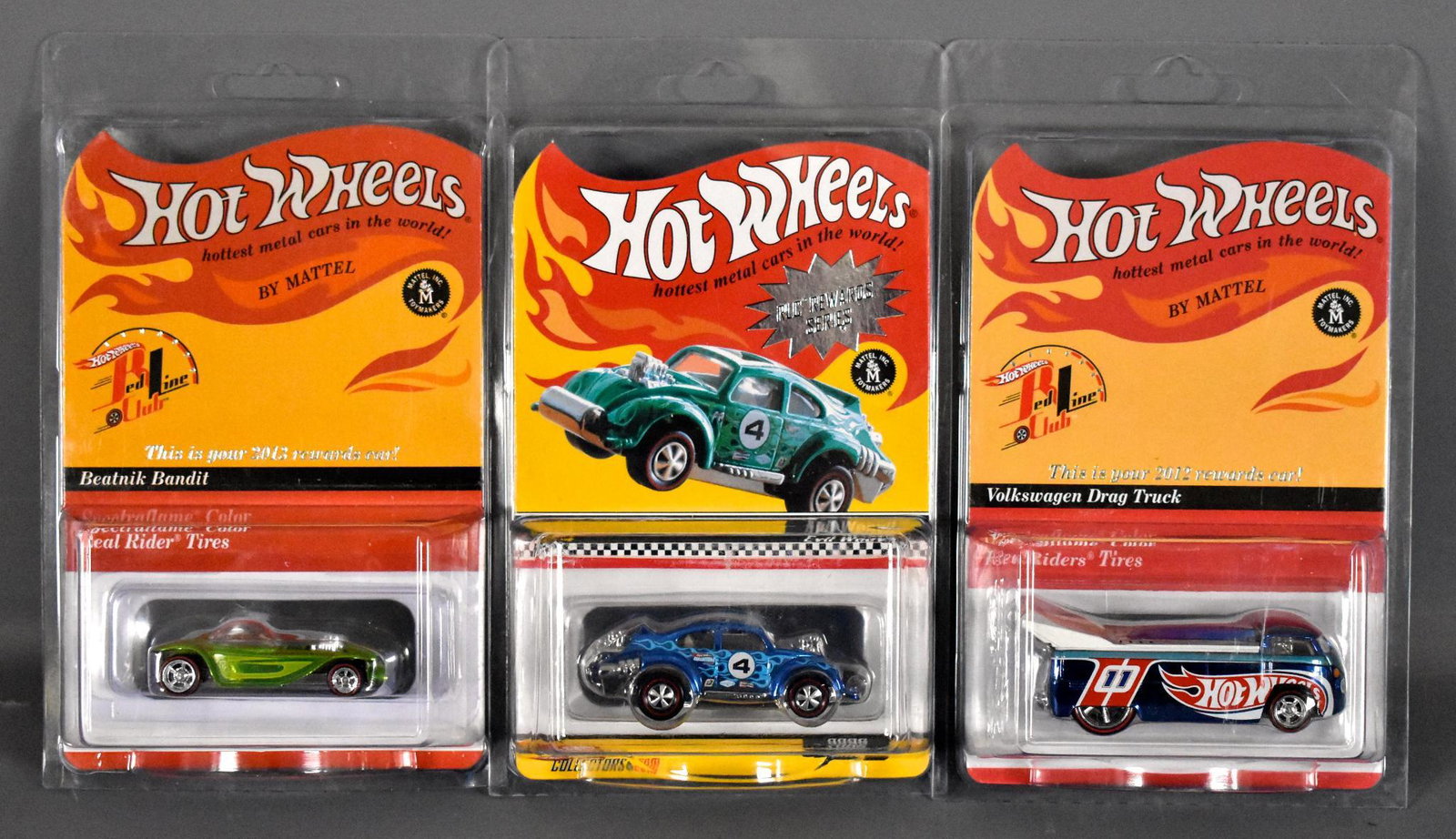Three Hot Wheels Redline Club rewards series cars MOC: Three Hot Wheels Redline Club rewards series cars to include 2006 Evil Weevil, 2012 Volkswagen drag truck and 2013 Beatnik Bandit, all mint on sealed blister cards with protecto packs.