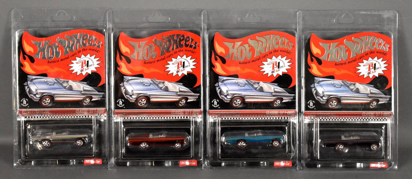 Four different 2012 Hot Wheels Redline Club exclusive: Four different 2012 Hot Wheels Redline Club exclusive classic '57 T-Birds, all mint on sealed blister cards with protecto packs.