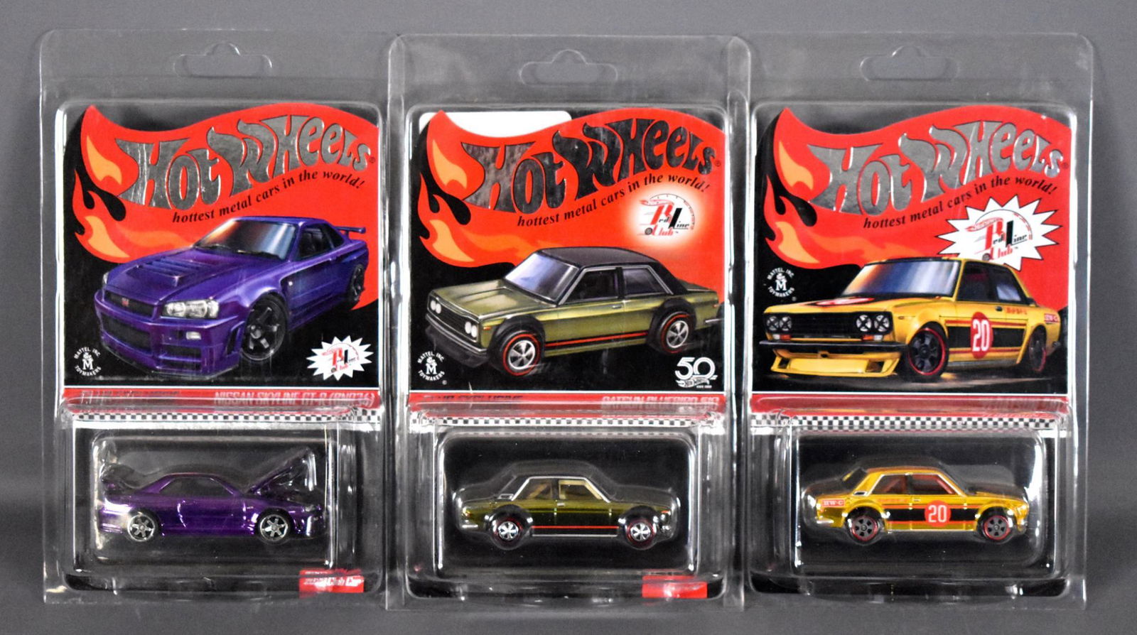 Three Hot Wheels Redline Club Japanese cars Nissan and: Three Hot Wheels Redline Club Japanese cars to include Nissan Skyline GT-R and Datsun Bluebird 510 and '71 Nissan 510 , all mint on sealed blister cards with protecto packs.