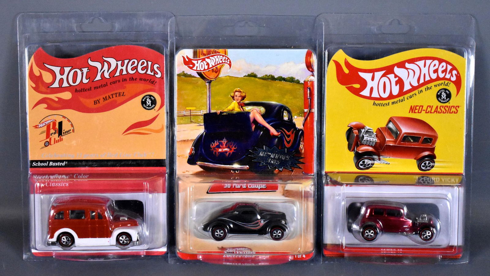 Three Hot Wheels Redline Club vintage hot rods MOC: Three Hot Wheels Redline Club vintage hot rods to include School Busted, Classic '32 Ford Vicky and Classic '36 Ford coupe, all mint on sealed blister cards with protecto packs.