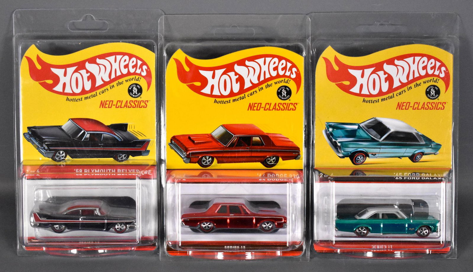 Three Hot Wheels Redline Club cars MOC: Three Hot Wheels Redline Club cars to include '65 Ford Galaxie, '64 Dodge 330 and '58 Plymouth Belvedere, all mint on sealed blister cards with protecto packs.