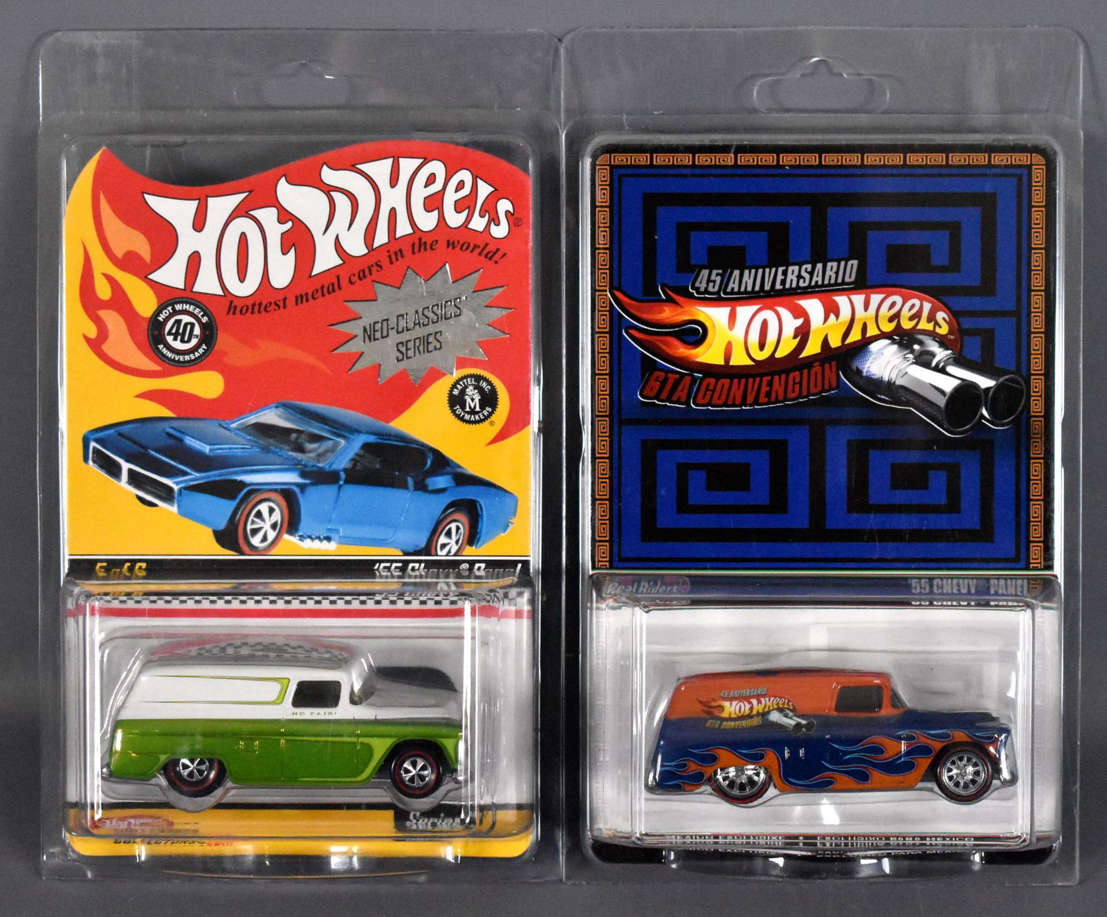 Two different Hot Wheels Redline Club '55 Chevy panel: Two different Hot Wheels Redline Club '55 Chevy panel vans , both mint on sealed blister cards with protecto packs.