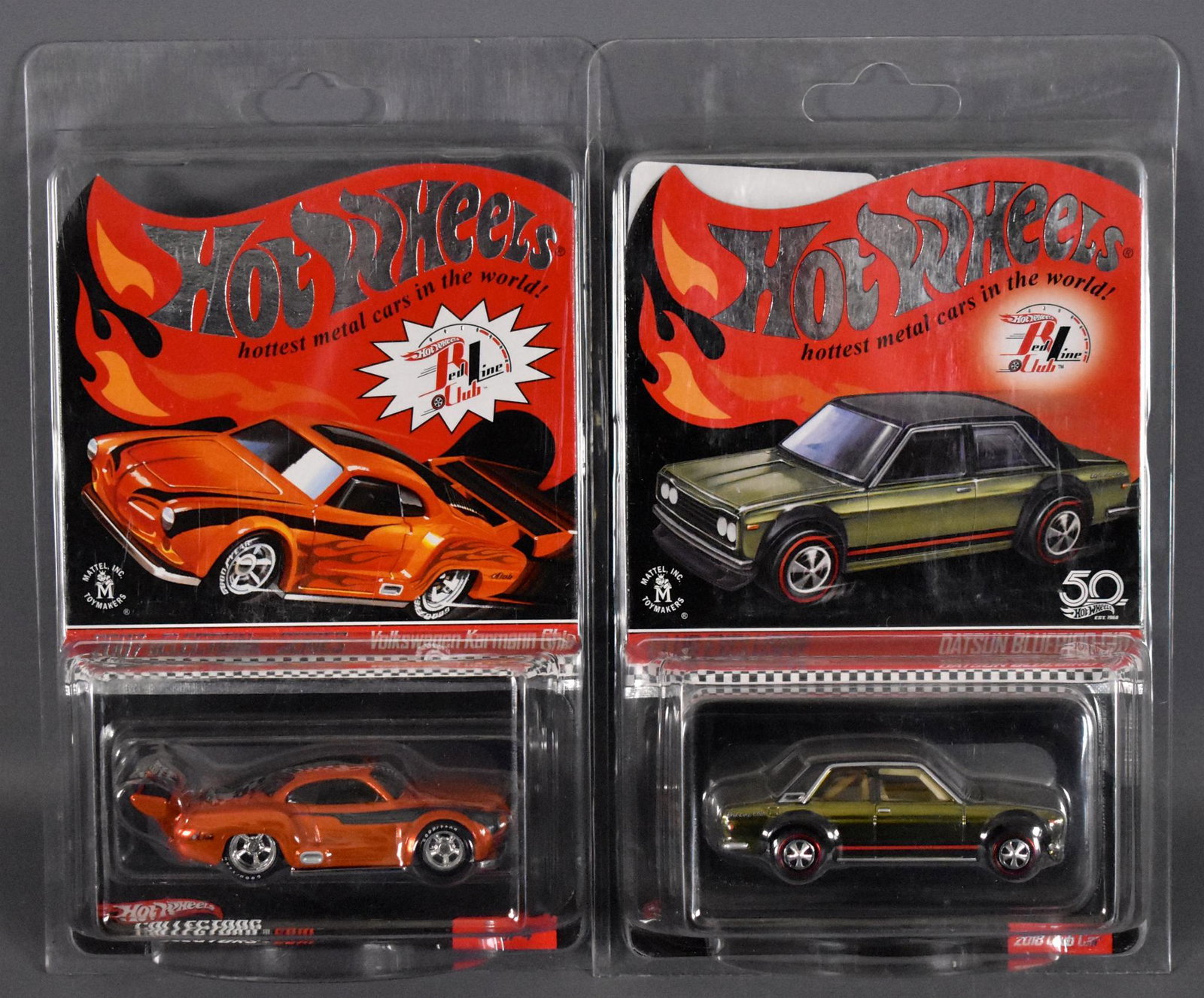 Two Hot Wheels Redline Club foreign cars MOC: Two Hot Wheels Redline Club foreign cars to include Datsun Bluebird 510 and Volkswagen Karmann Ghia, both mint on sealed blister cards with protecto packs.