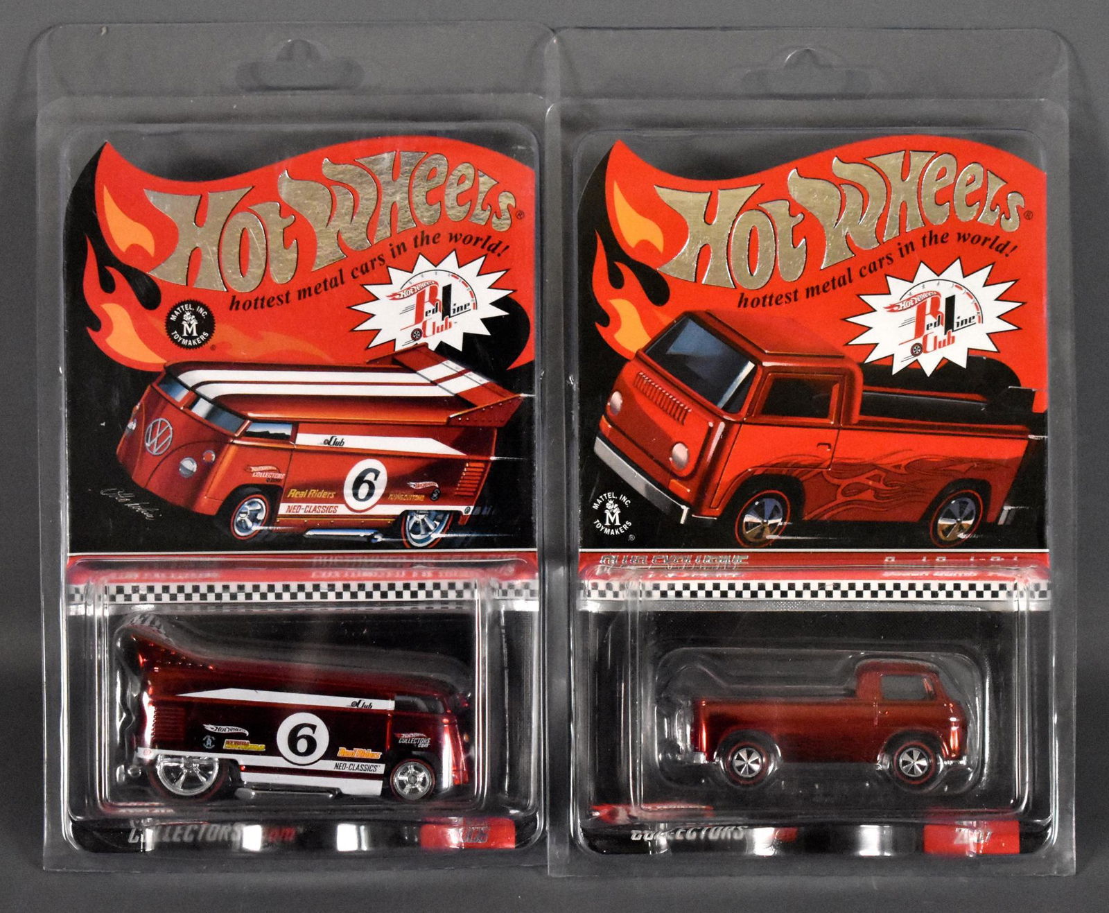 Two Hot Wheels Redline Club exclusive Volkswagens MOC: Two Hot Wheels Redline Club exclusive Volkswagens to include Beach Bomb pickup and customized drag bus, both mint on sealed blister cards with protecto packs.
