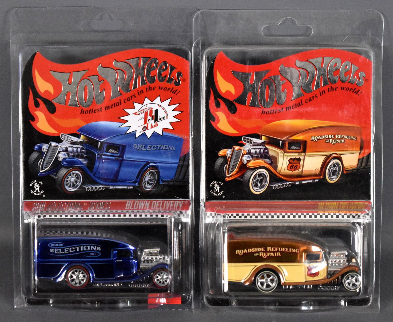 Two different Hot Wheels Redline Club Blown Delivery: Two different Hot Wheels Redline Club Blown Delivery, both mint on sealed blister cards with protecto packs.