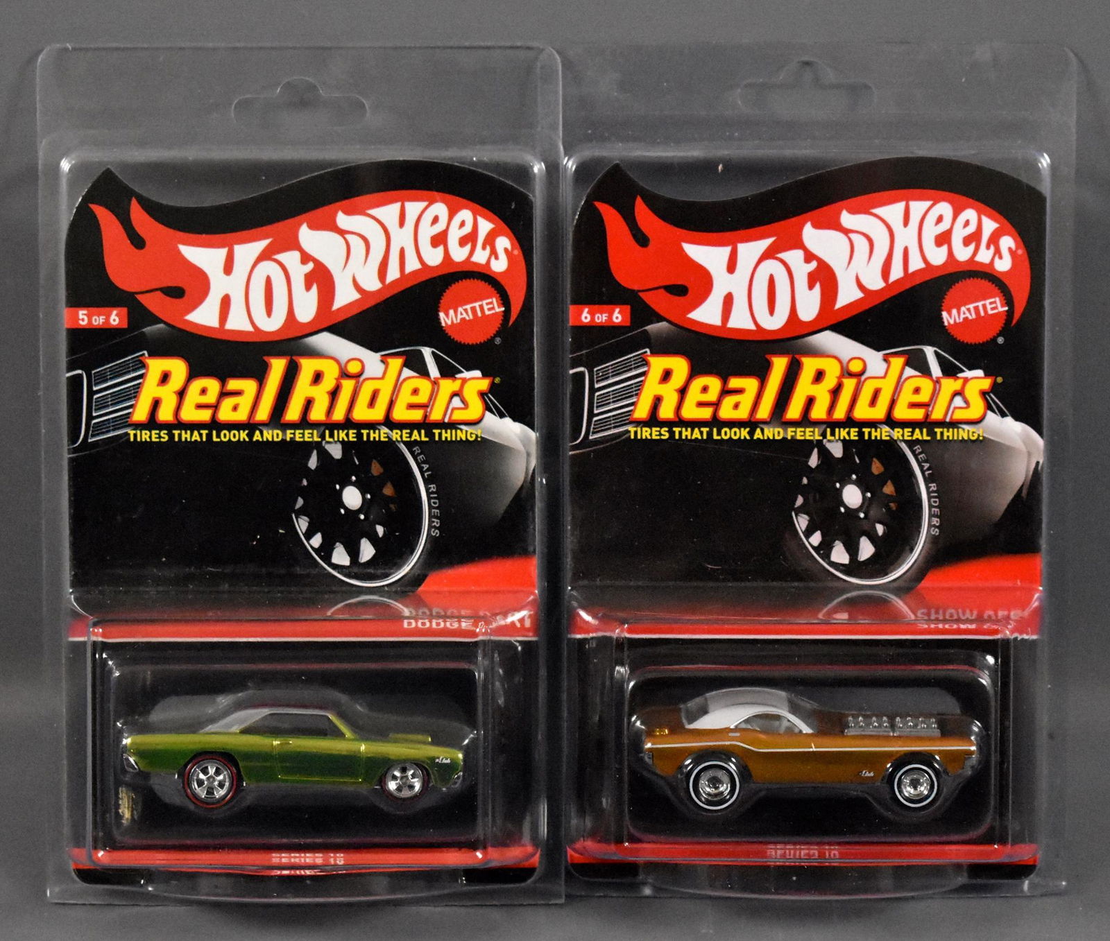 Two Mattel Hot Wheels Real Riders Redline Club cars MOC: Two Mattel Hot Wheels Real Riders Redline Club cars to include Dodge dart and Show Off, mint on sealed blister cards with protecto packs.