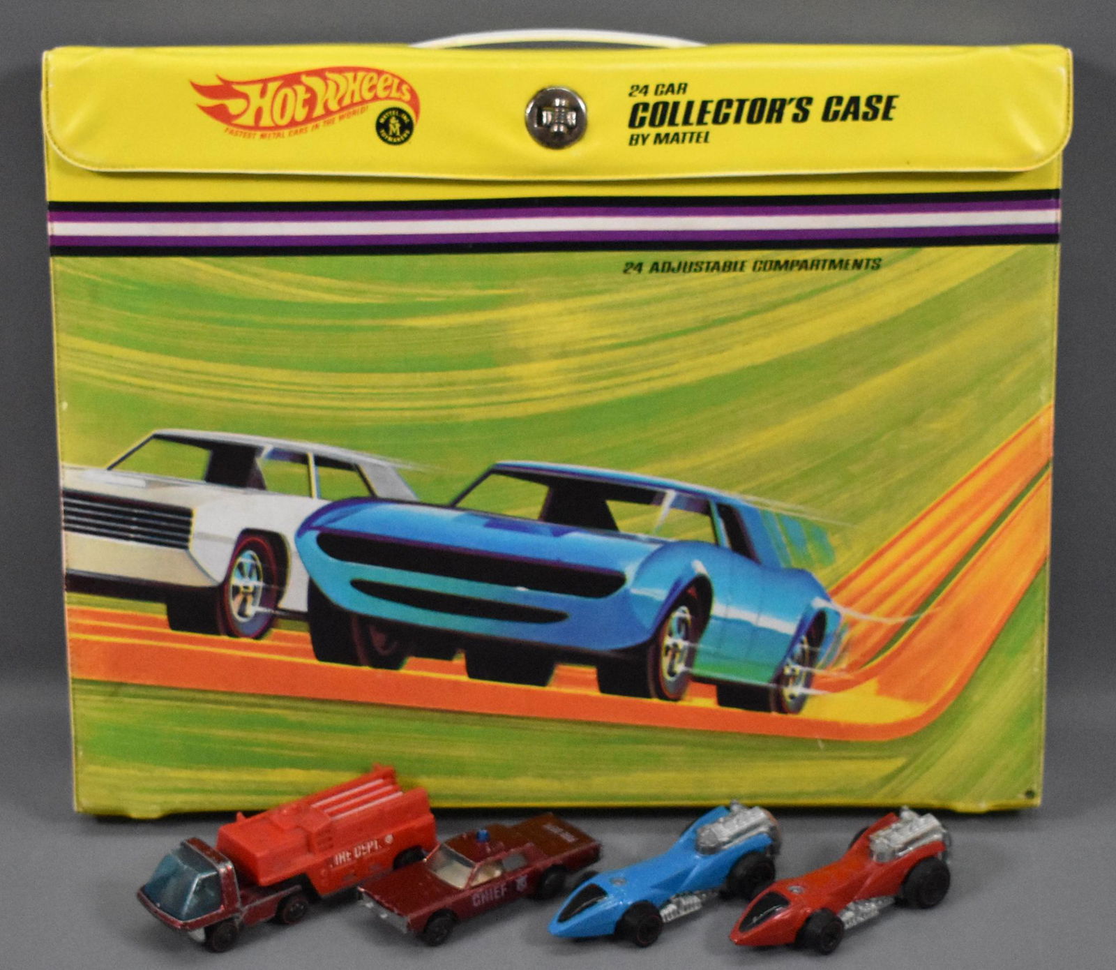 Original Redline Hot Wheels 24 car collector case with: Original Redline Hot Wheels 24 car collector case with four cars. The case is mostly clean with no tears, the cars all have play wear as seen in the photos.