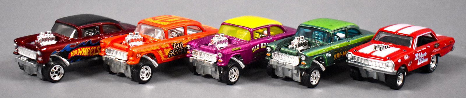 Five loose Hot Wheels Real Riders drag car gassers one