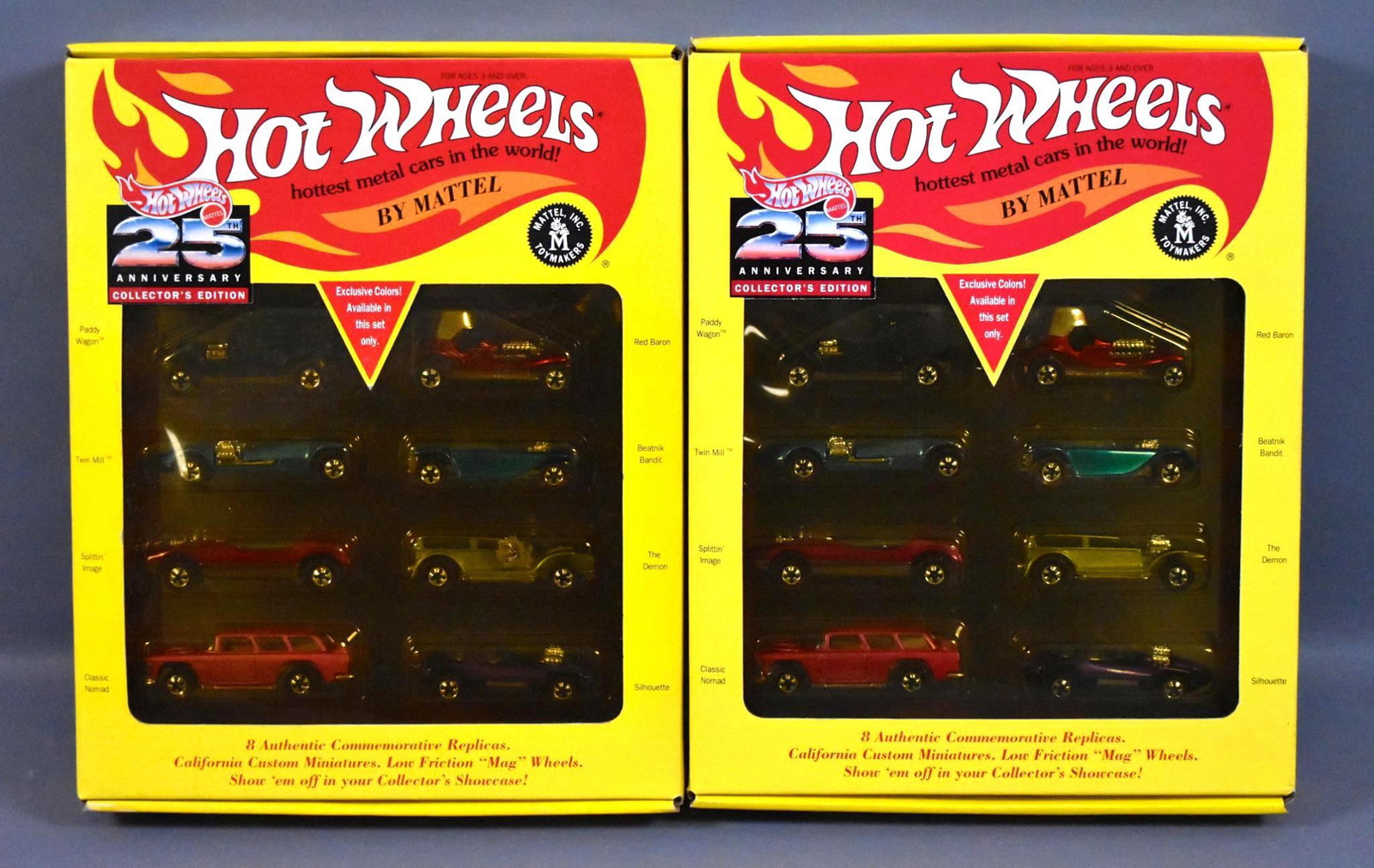 Two Hot Wheels 25th anniversary series #1 sets MIB: Two Hot Wheels 25th anniversary series #1 sets, both identical with eight cars per set, all cars are near mint to mint in excellent original boxes but the plastic has yellowed badly as seen in the pho