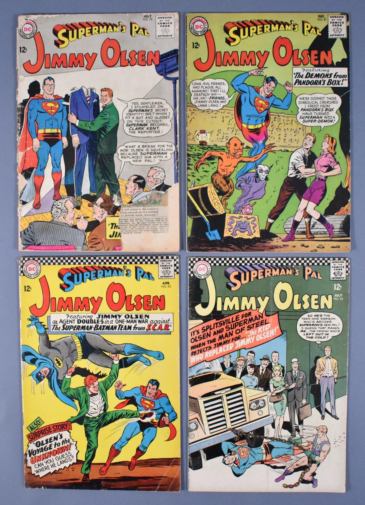 Four DC comics Superman's Pal Jimmy Olsen comic books: Four DC comics Superman's Pal Jimmy Olsen comic books to include issue numbers 78, 81, 92 and 94, in poor to very good condition as seen in the photos.