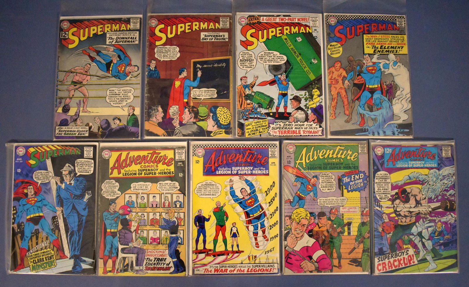 Nine DC comics Superman and Adventure comic books: Nine DC comics Superman and Adventure to include Adventure 336, 355, 359 and 372 plus Superman 155, 176, 182, 190 and 209, all ranging from good to very good plus as seen in the photos.