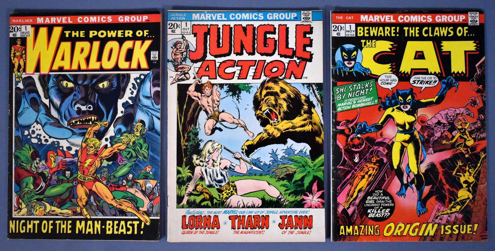 Three Marvel Comics #1 comic book issues: Three Marvel Comics #1 comic book issues to include Warlock, Jungle Action and The Cat, all in good to very good condition as seen in the photos.