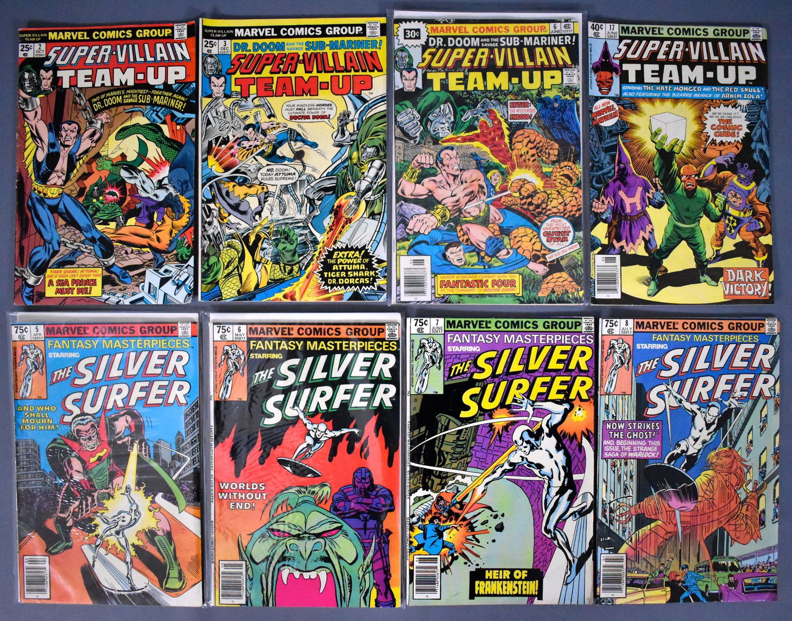 Eight Marvel Super-Villain Team-Up and Fantasy: Eight Marvel Super-Villain Team-Up and Fantasy Masterpieces comic books to include Super-Villain Team-Up 2, 3, 6 and 17 plus Fantasy Masterpieces starring Silver Surfer 5-8, all in very good to fine c