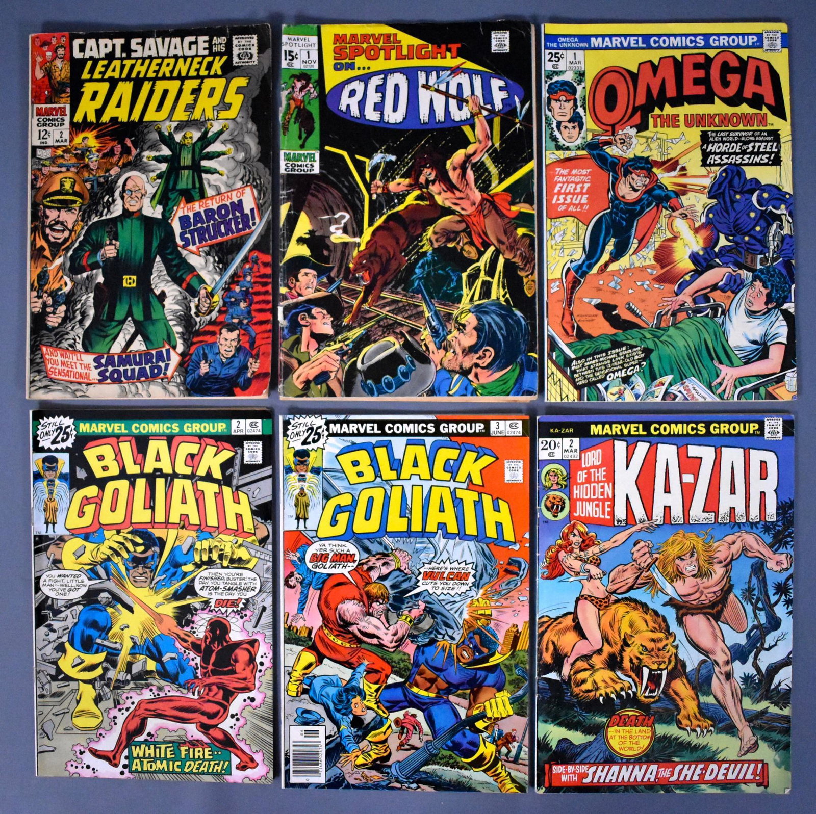 Six Marvel comics #1, 2 and 3 issues from different: Six Marvel comics #1, 2 and 3 issues from different titles to include Marvel Spotlight and Omega the Unknown #1, Capt. Savage and His Leatherneck raiders, Ka-zar and Black Goliath #2 and Black Goliath