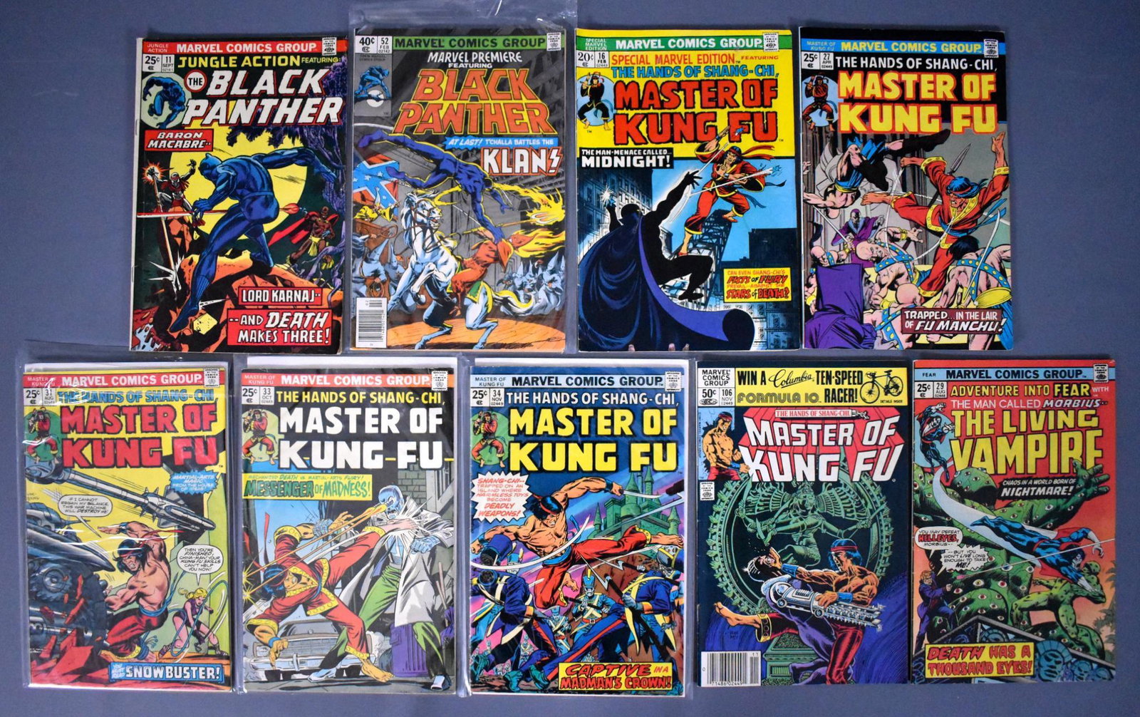 Nine Marvel comic books with several Master of Kung Fu: Nine Marvel comic books to include Black panther 11 and 52, Marvel Special Edition 16, Master of Kung Fu 27, 31, 33, 34 and 106 plus Fear 29, all in good to fine condition.