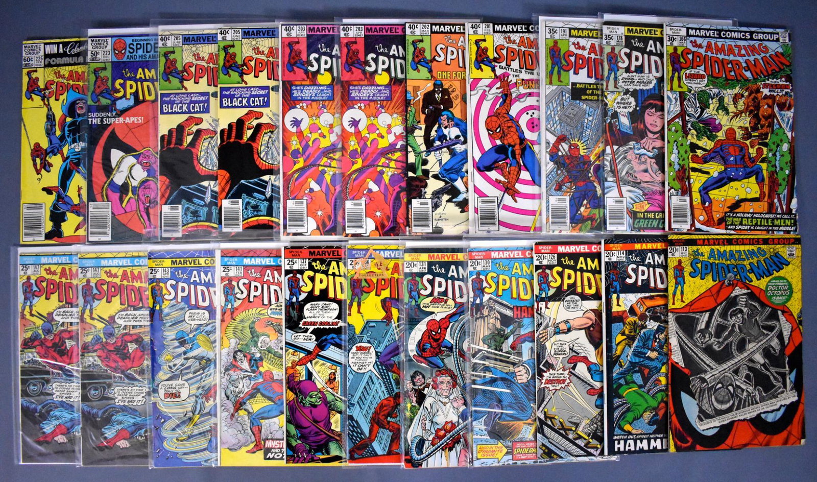 Twenty-two Marvel Amazing Spiderman comics 113-225: Twenty-two Marvel Amazing Spiderman comics to include 113, 114, 126, 130, 131, 136, 137, 141, 143, two 147, 166, 178, 191, 201, 202, two 203, two 205, 223 and 225 all in good to fine condition.