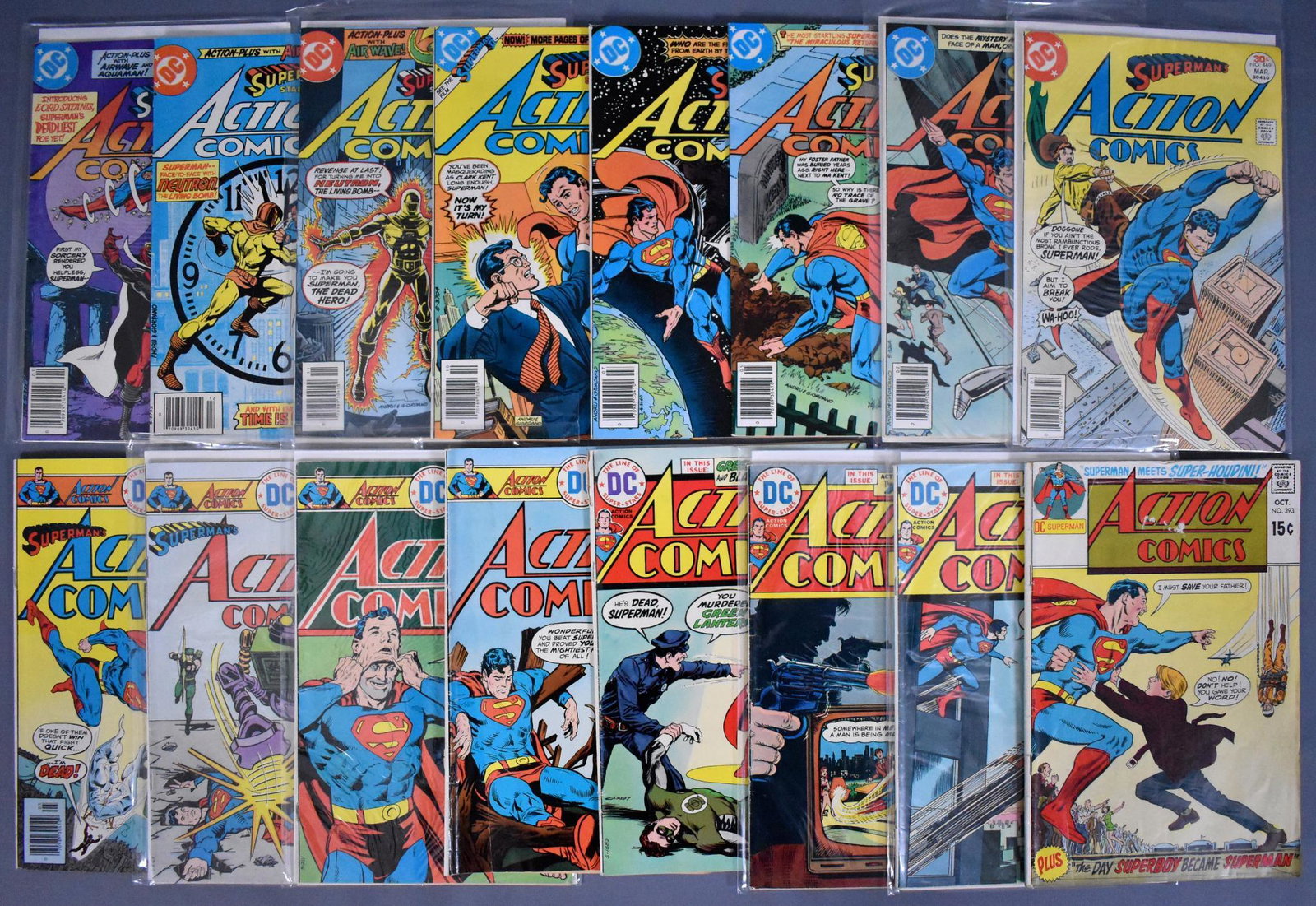 Sixteen DC 1970's Action Comics 393-527: Sixteen DC 1970's Action Comics 393-527, all in good to fine condition as seen in the photos.