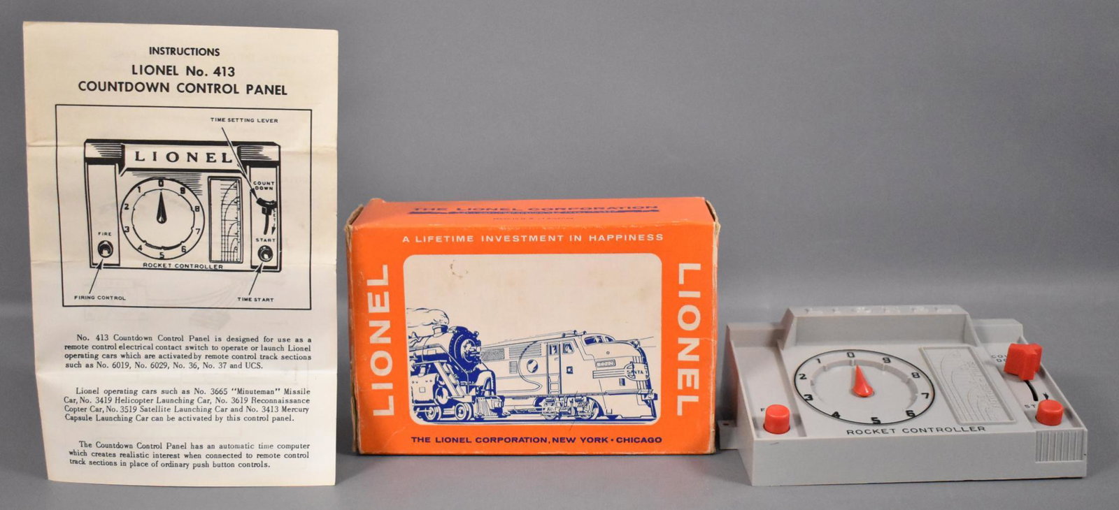 Mint Lionel postwar O 413 countdown control panel in: Mint Lionel postwar O 413 countdown control panel in original box, unused with a crisp original instruction sheet but missing the two wire coils in a very good original box with inner tape repair.
