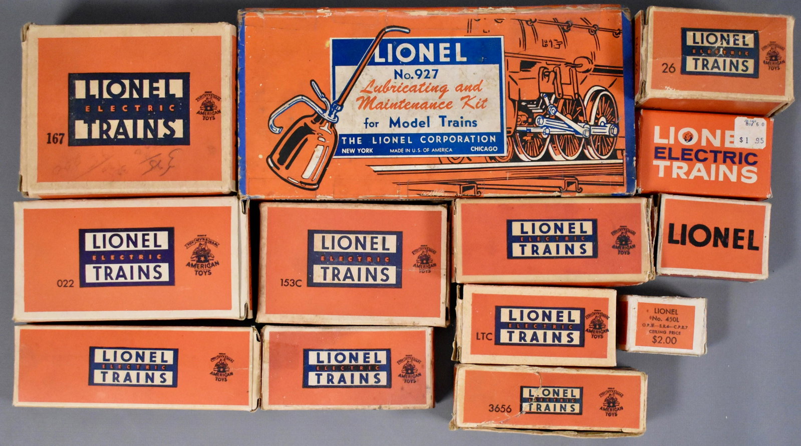 Group of Lionel postwar separate sale items in original: Group of Lionel postwar separate sale items in original boxes to include 26, 450L,36, 88, LTC. 167, 91, 92, 362-78, 3656, 022, 153C and 927. These all range from complete and mint to incomplete and ex