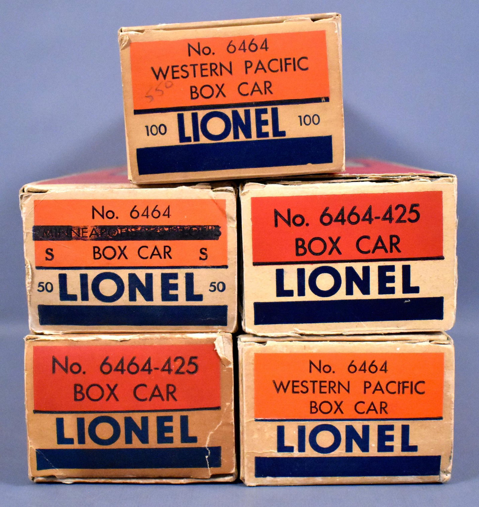 Group of five Lionel postwar 6464 box car empty: Group of five Lionel postwar 6464 box car empty original boxes to include Western Pacific, -100, overstamped -50 with rubber stamped S and two -425, all fair to good condition as seen in the photos.