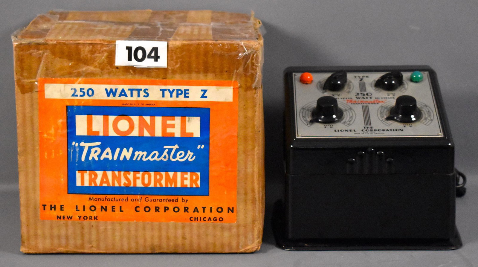 Lionel prewar Z type transformer in original box 250: Lionel prewar 250 watt Z type transformer in original box, looks nice but has not been tested. Comes in a fair original box with a lot of clear tape on it and most of the inserts.
