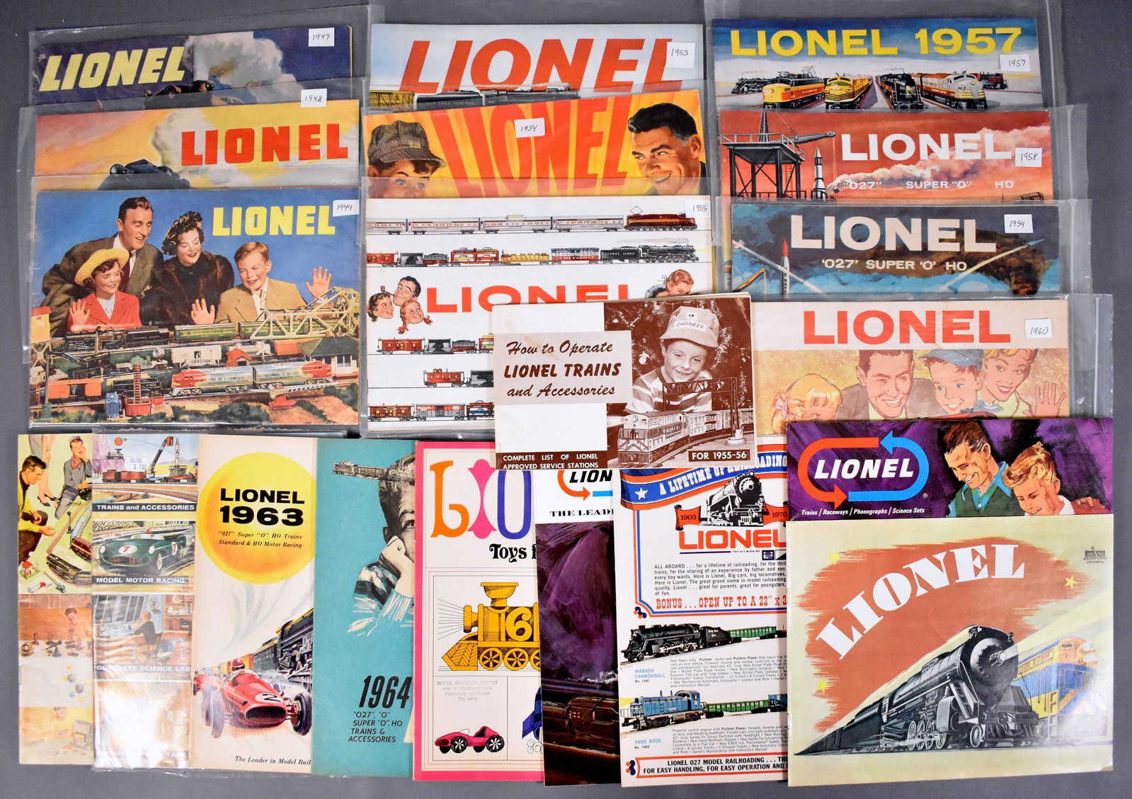 Large group of original Lionel postwar consumer: Large group of original Lionel postwar consumer catalogs to include 1947, 1948, 1949, 1953, 1954, 1955, 1957, 1958, 1959, 1960, 1961, 1962, 1963, 1964, 1965, 1966, 1968, 1969 and 1970, ranging from go