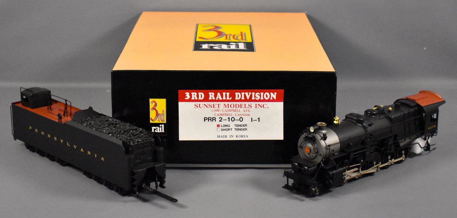 Sunset 3rd rail O scale 3 rail brass Pennsylvania I-1: Sunset 3rd rail O scale 3 rail brass Pennsylvania I-1 2-10-0 steam locomotive with long tender in original box, possibly test run and C9 in a near mint original box with master carton that it will be 