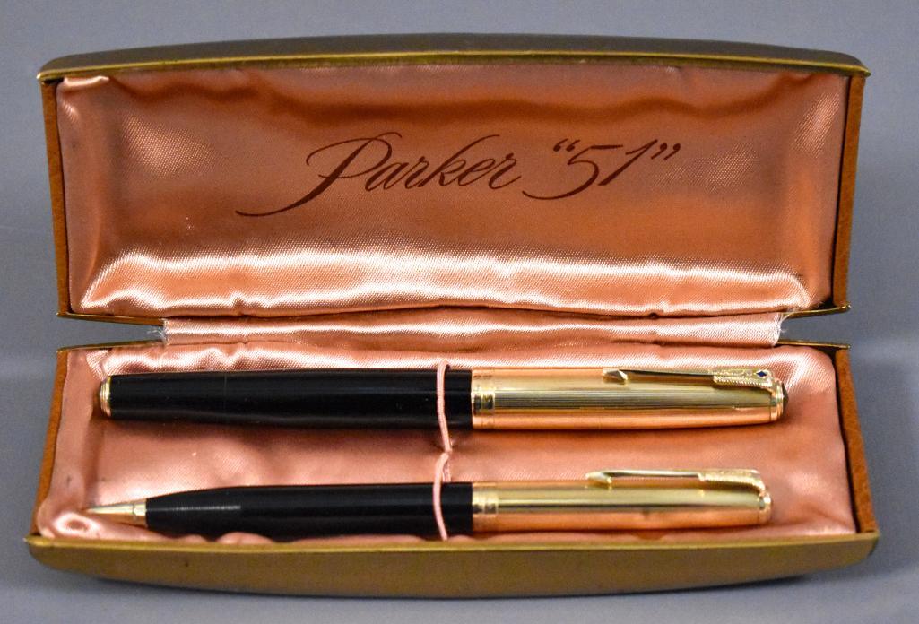 Parker 51 Set, Double Jewel, 16k Gold-Filled Cap with: Parker 51 Set, Double Jewel, 16k Gold-Filled Cap with original Box. Fountain pen and Pencil. This pen and pencil set has been used at some point and may or may not be missing internal parts as we do n