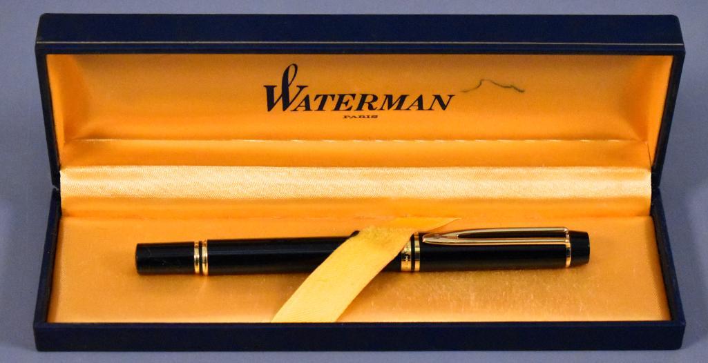 Waterman LeMan fountain pen in original box: Waterman LeMan fountain pen in original box, rare broad or double-broad 18k gold nib. This pen has been used at some point and may or may not be missing internal parts as we do not have any knowledge 