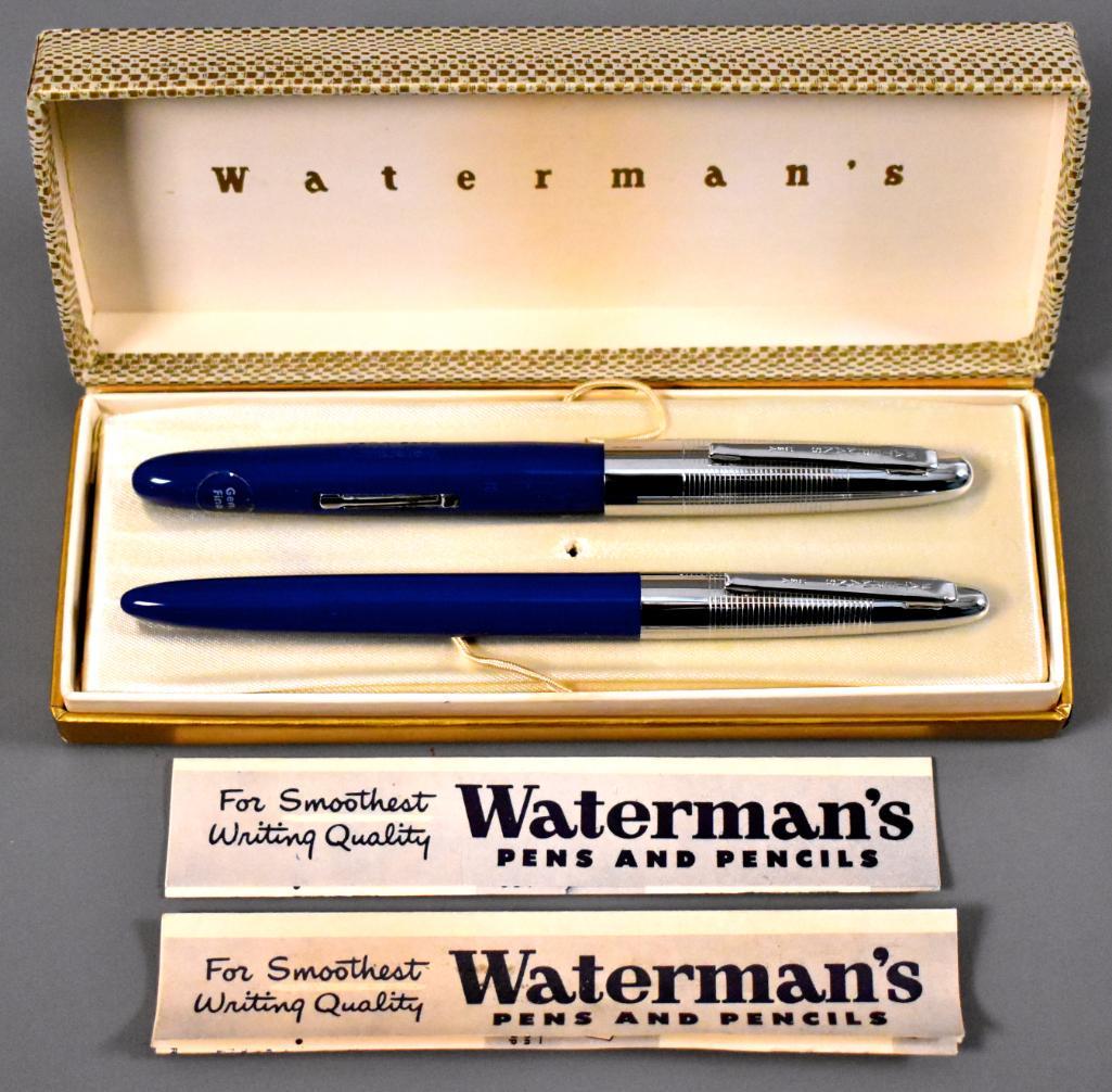 Waterman Skywriter fountain pen New Old Stock: Waterman Skywriter, New Old Stock. Fountain pen and ballpoint set from the early 1950s. Complete with box and papers. Fountain pen still stickered.