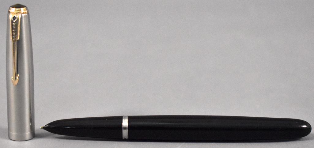 Parker 51: Parker 51. This pen has been used at some point and may or may not be missing internal parts as we do not have any knowledge of the internal working parts of fountain pens. It does appear to have been