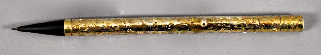 Waterman Pencil, 14k gold, engraved clip matches: Waterman Pencil, 14k gold, engraved clip matches barrel. No initials. This pen has been used at some point and may or may not be missing internal parts as we do not have any knowledge of the internal 