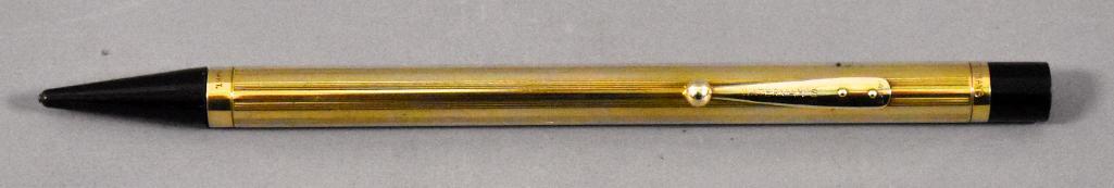 Waterman Pencil, 14k gold, Pinstriped: Waterman Pencil, 14k gold, Pinstriped. This pen has been used at some point and may or may not be missing internal parts as we do not have any knowledge of the internal working parts of fountain pens.