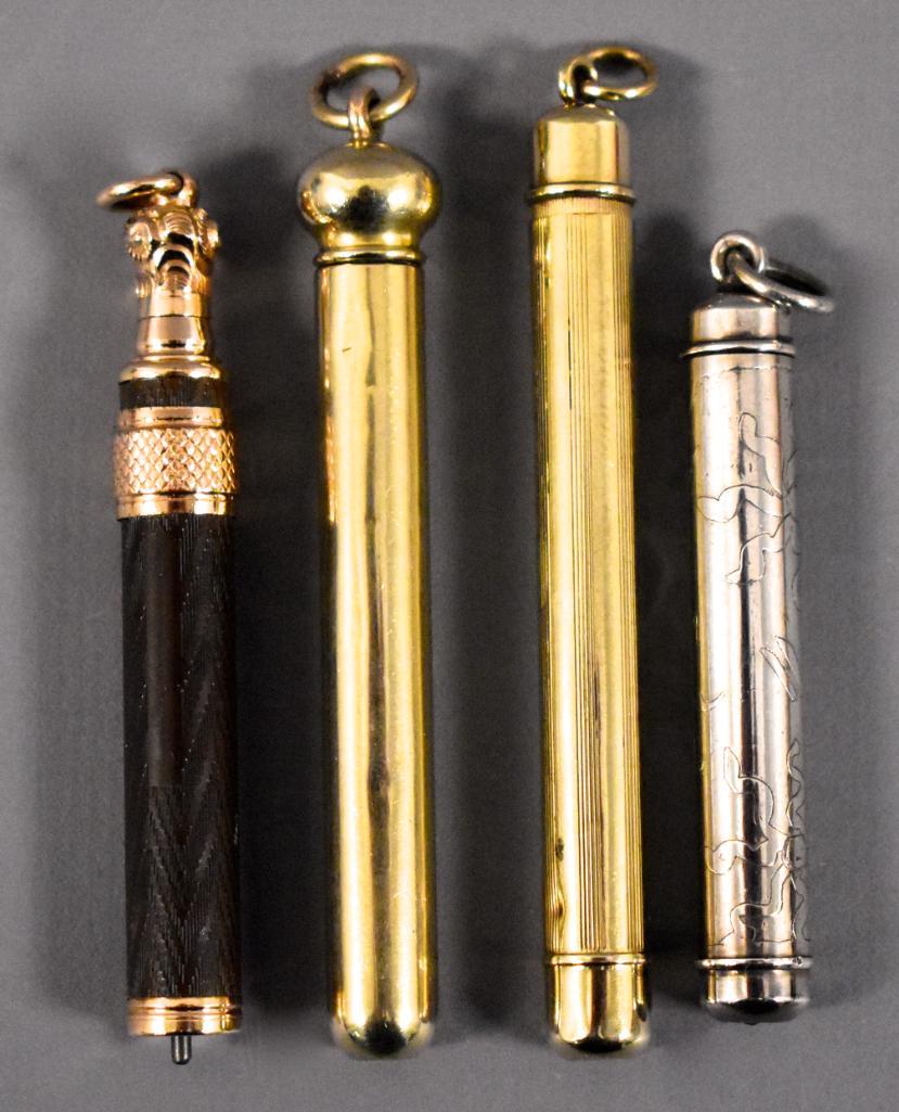 Lot of 4 Telescoping Pencils: Lot of 4 Telescoping Pencils. This pen has been used at some point and may or may not be missing internal parts as we do not have any knowledge of the internal working parts of fountain pens. It does