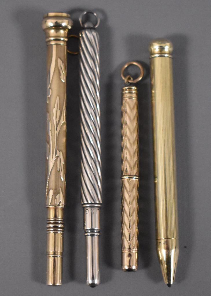 Lot of 4 Victoria-era Pencils: Lot of 4 Victoria-era Pencils. This pen has been used at some point and may or may not be missing internal parts as we do not have any knowledge of the internal working parts of fountain pens. It does