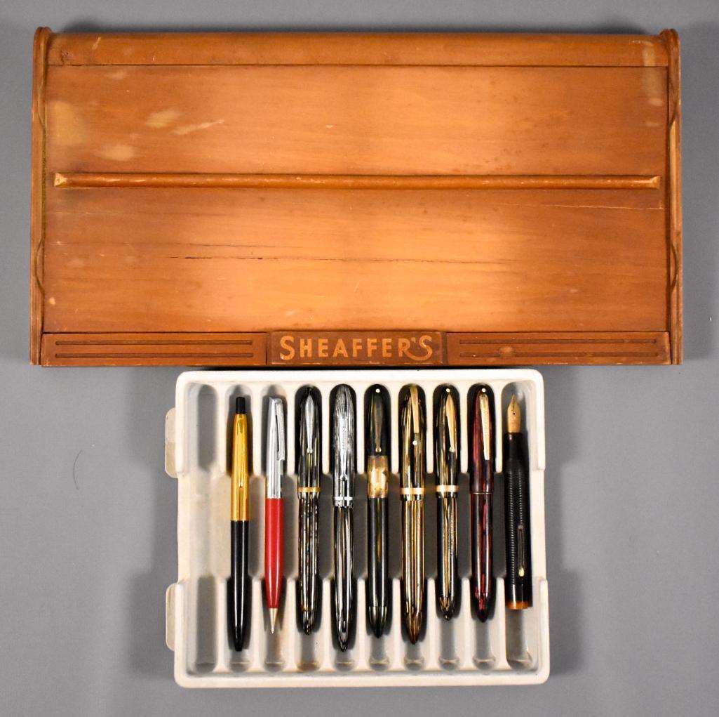 Lot of 9 Vintage mostly Sheaffer Pens, Parts & Display: Lot of 9 Vintage mostly Sheaffer Pens, Parts & Display. This pen has been used at some point and may or may not be missing internal parts as we do not have any knowledge of the internal working pa