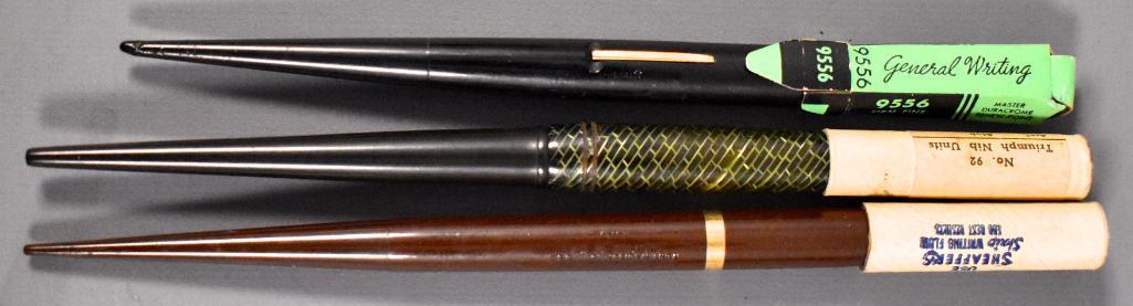 Lot of 3 Vintage Desk Pens, See Nib Photos: Lot of 3 Vintage Desk Pens, See Nib Photos. This pen has been used at some point and may or may not be missing internal parts as we do not have any knowledge of the internal working parts of fountain 