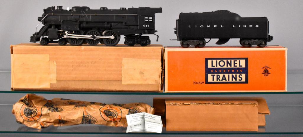 Lionel postwar O 646 steam locomotive with 2046W tender: Lionel postwar O 646 steam locomotive with 2046W tender in original boxes, C7 with good to very good original boxes and original inserts plus Lionel wrap and one original inspection slip.