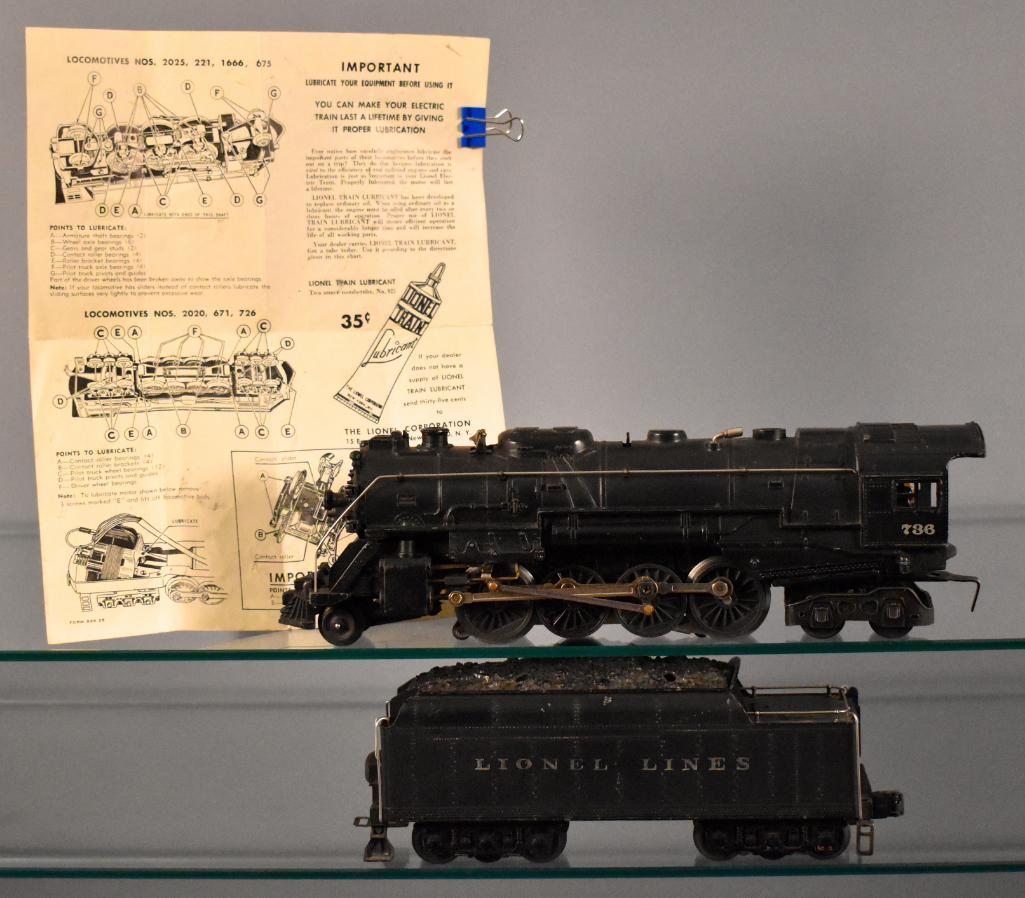Lionel postwar O 736 2-8-4 Berkshire steam locomotive: Lionel postwar O 736 2-8-4 Berkshire steam locomotive with 2426W tender, C6. Comes with lubrication instructions.