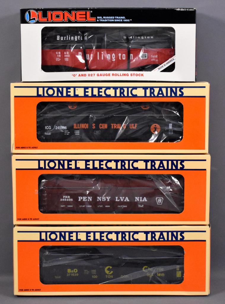 Four Lionel modern era O coil cars with covers in: Four Lionel modern era O coil cars with covers in original boxes to include 16343 Burlington, 17403 Chessie, 17404 Illinois Central and 17406 Pennsylvania, C8-9 in excellent original boxes.