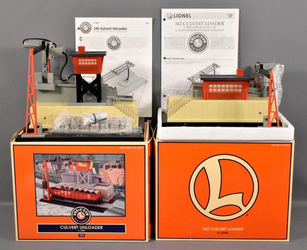 Lionel modern era O 12982 12983 culvert loader and: Lionel modern era O 12982 (342) and 12983 (345) culvert loader and unloader in original boxes, C7+ in excellent original boxes.