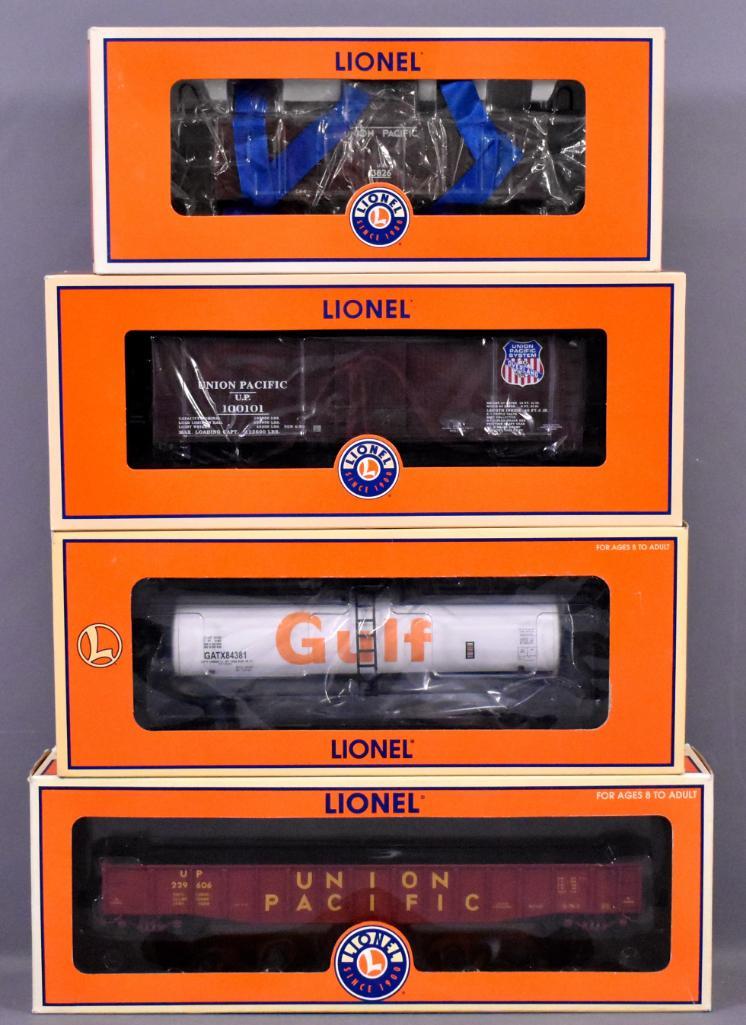 Four Lionel modern era O Union Pacific freight cars in: Four Lionel modern era O Union Pacific freight cars in original boxes to include 27232 USRA double sheathed box car, 17690 CA-4 caboose, 17439 gondola and 17915 Gulf tank car, C8-9 in excellent origin