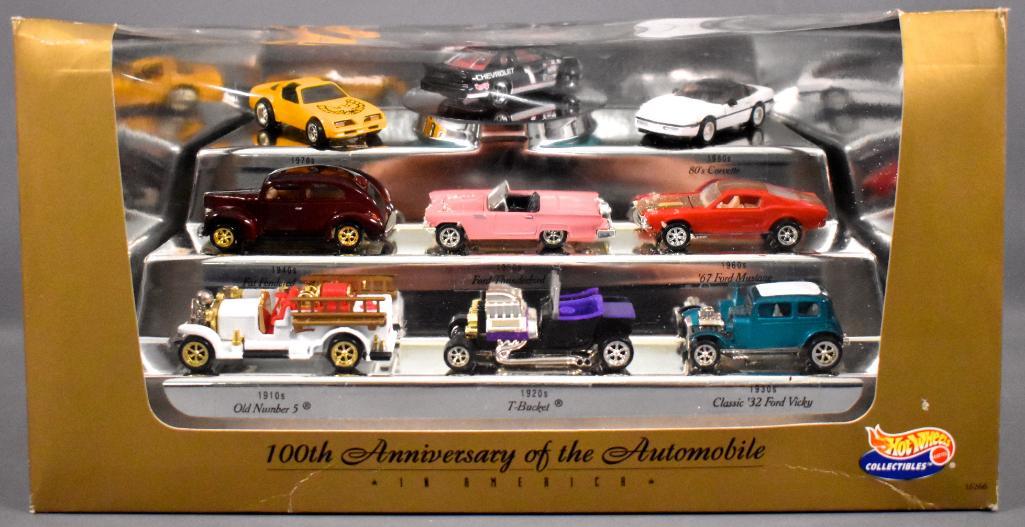 Hot Wheels 100th anniversary of the automobile in: Hot Wheels 100th anniversary of the automobile in America box set, includes nine cars in a very good original box that has never been opened but has decayed rubber bands inside the package as seen in