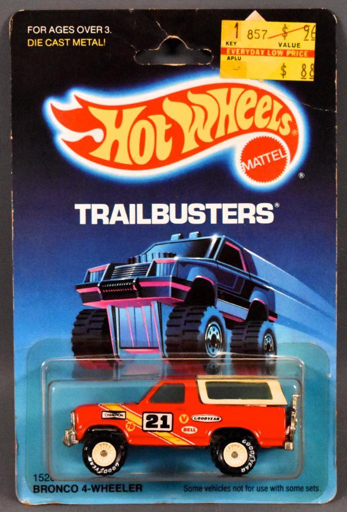 Vintage Hot Wheels Trailbusters Bronco 4-wheeler on: Vintage Hot Wheels Trailbusters Real Riders Bronco 4-wheeler on sealed blister card with white hubs. Truck is near mint to mint on a very good punched card with creases and a n excellent blister as se