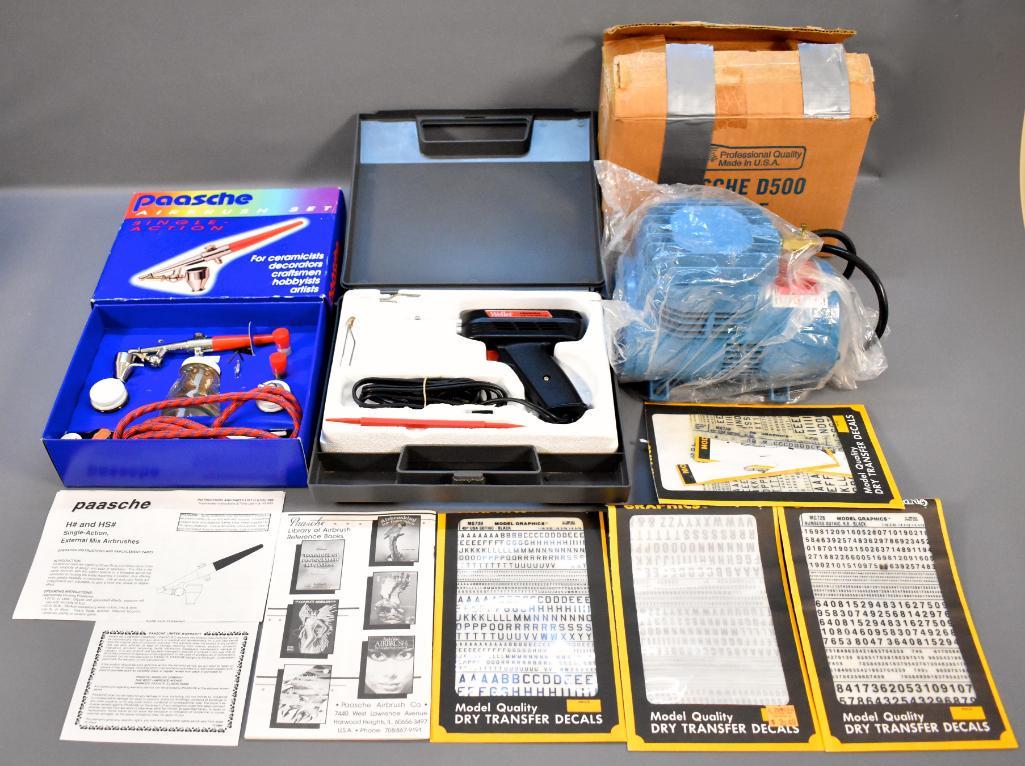 Paasche D500 airbrush compressor, airbrush and solder: Paasche D500 airbrush compressor, airbrush and solder gu. The soldering gun has ben used but the compressor and airbrush appear unused. Sold as-is as seen in the photos with no returns.