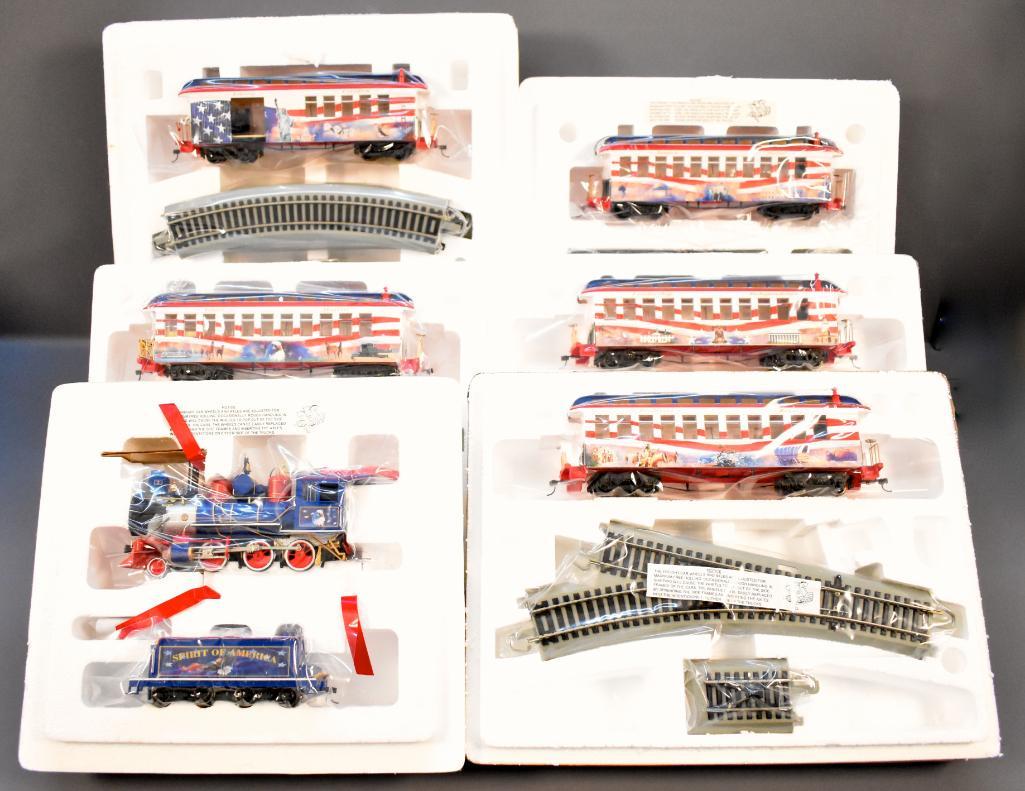 Bachmann Hawthorn Village Spirit of America On30 train: Bachmann Hawthorn Village Spirit of America On30 train set in original boxes. Includes locomotive and tender, combine, three coach cars and an observation car plus a transformer, track and switches, C